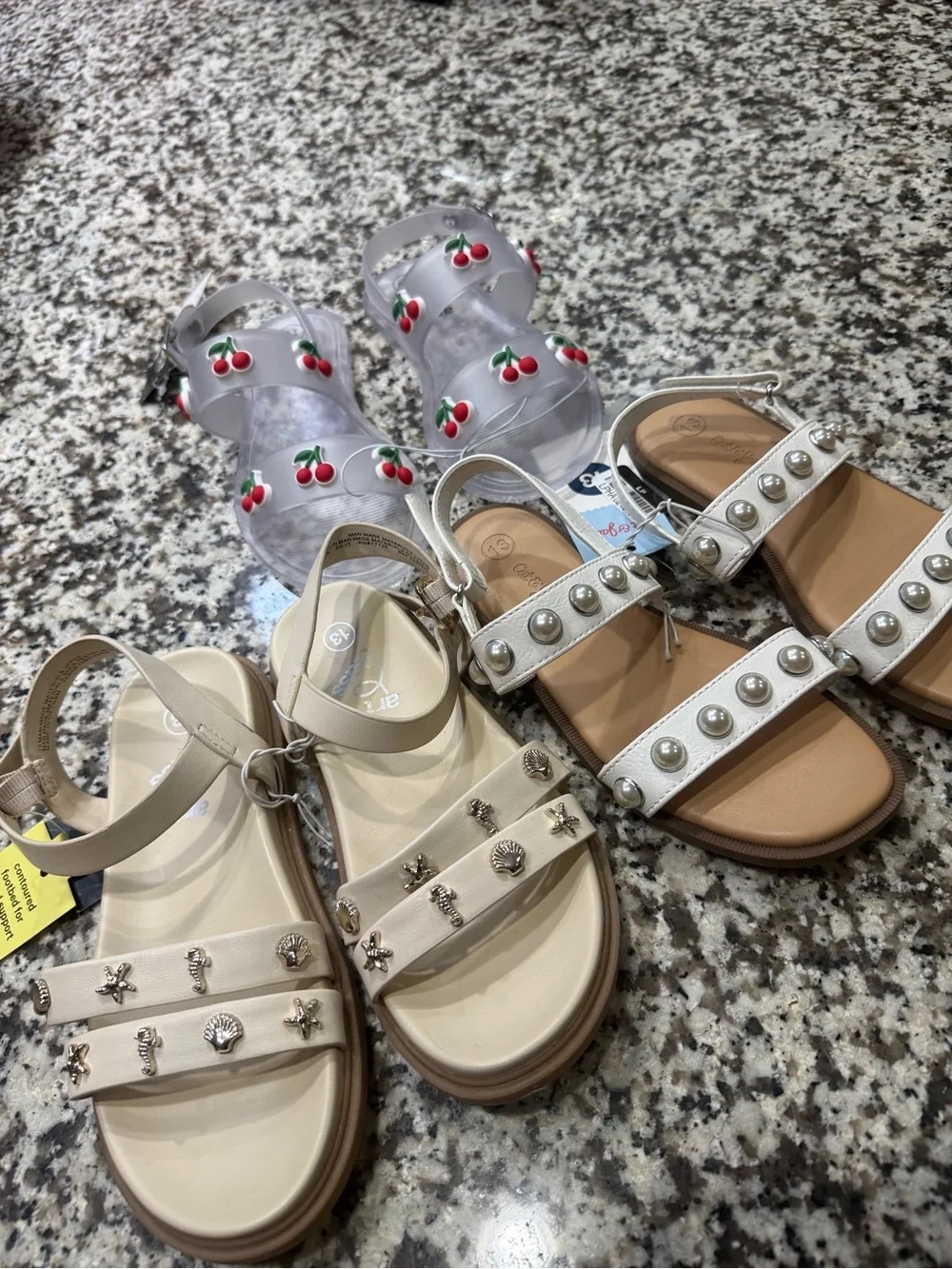 Kids' White and Clear Sandals with Pearl and Cherry Accents
